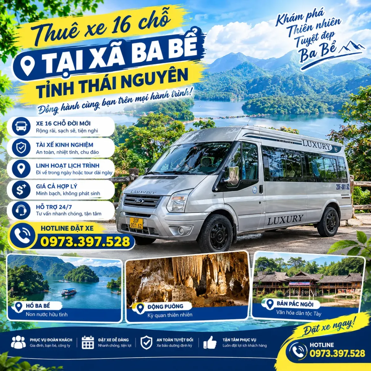 Thuê xe 16 chỗ tại xã Ba Bể tỉnh Thái Nguyên