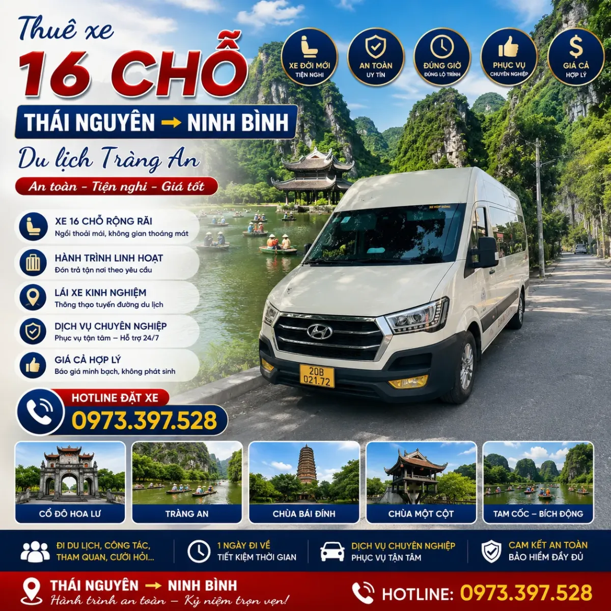 Thuê xe 16 chỗ Thái Nguyên đi du lịch Tràng An, Ninh Bình