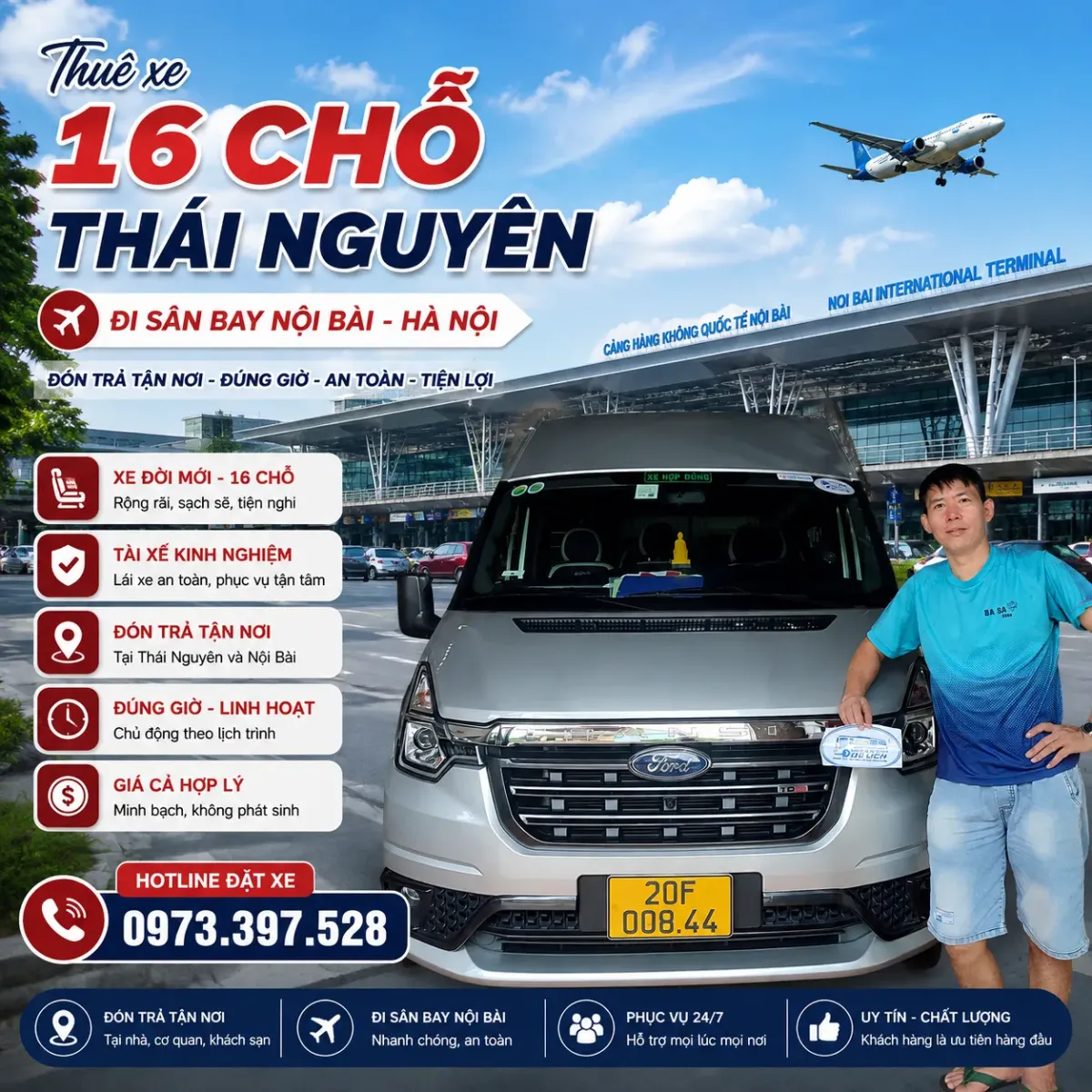 Thuê xe 16 chỗ Thái Nguyên đi sân bay Nội Bài Hà Nội