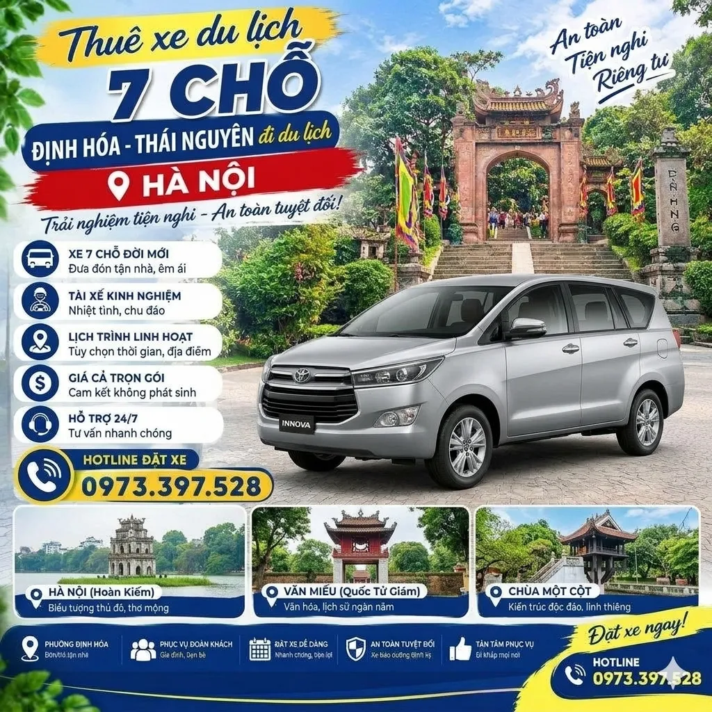 Thuê xe 7 chỗ xã Định Hóa tỉnh Thái Nguyên đi Hà Nội