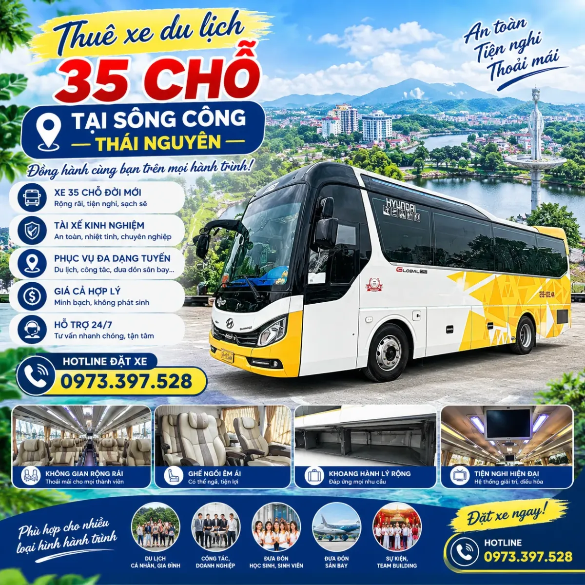 Thuê xe du lịch 35 chỗ tại Sông Công, Thái Nguyên